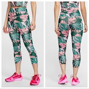 Nike Womens Leggings S Pink Monstera Palm Leaves Cropped High Rise Tropical